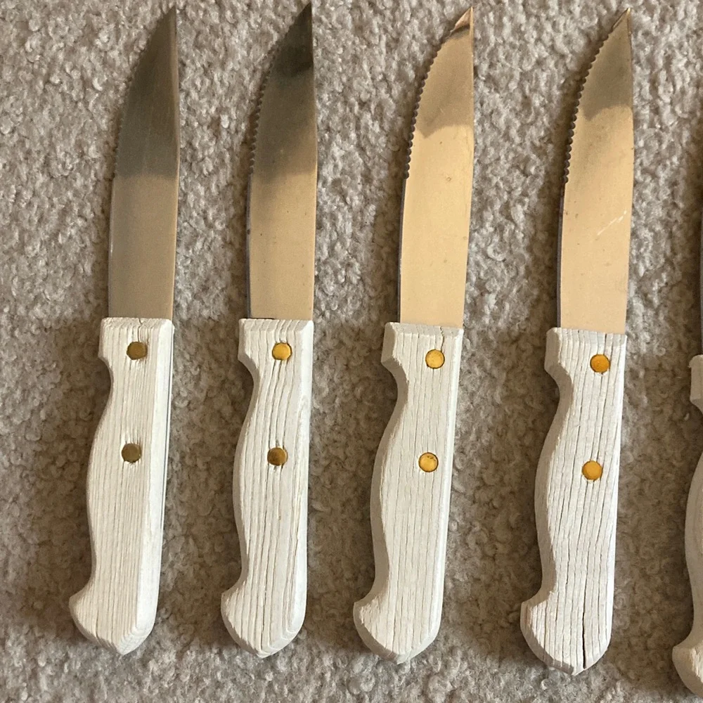 🍽️ Farberware 8 Set Vintage Steak Stainless Steel Knives Blonde Wooden Handle